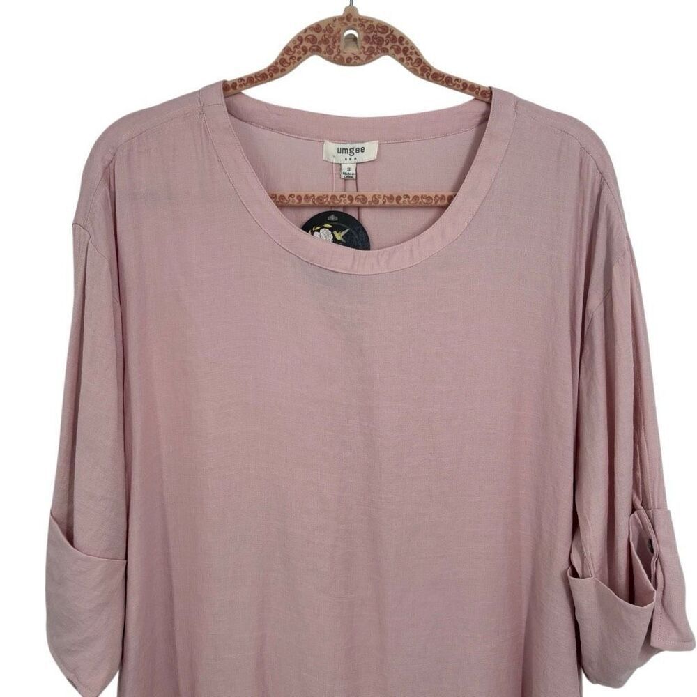 Umgee Side Split 3/4 Sleeves Round Neck Raw Edge Hem‎ Top Pink Size Small NWT - Picture 3 of 9